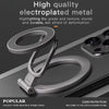 A silver electroplated metal phone ring holder and kickstand shown on a dark phone case.