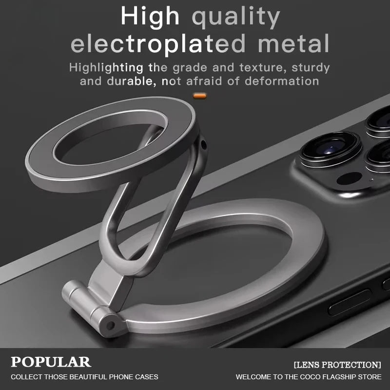 A silver electroplated metal phone ring holder and kickstand shown on a dark phone case.