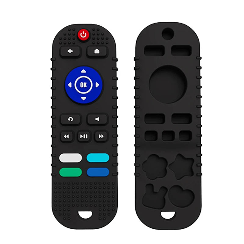 A black silicone baby teether remote control toy with various buttons and a large OK button.