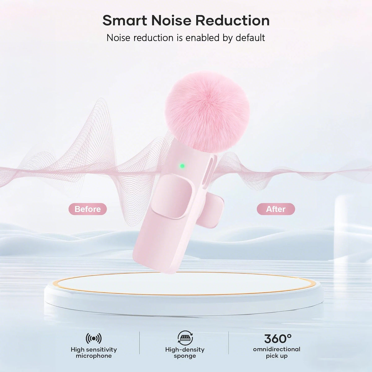 Pink smart noise reduction microphone with a fuzzy windscreen demonstrating sound quality improvement.