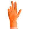 A close-up of an orange heavy-duty nitrile work glove with a diamond texture on a hand.