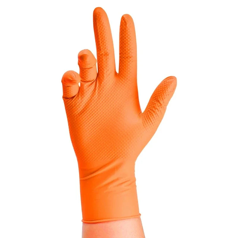 A close-up of an orange heavy-duty nitrile work glove with a diamond texture on a hand.