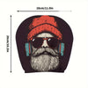 A dark colored headrest cover featuring a cartoon beard and sunglasses with an orange knit hat.