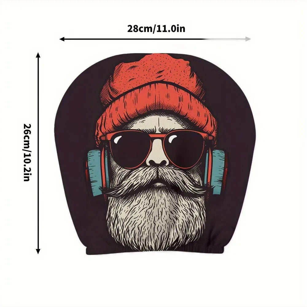 A dark colored headrest cover featuring a cartoon beard and sunglasses with an orange knit hat.