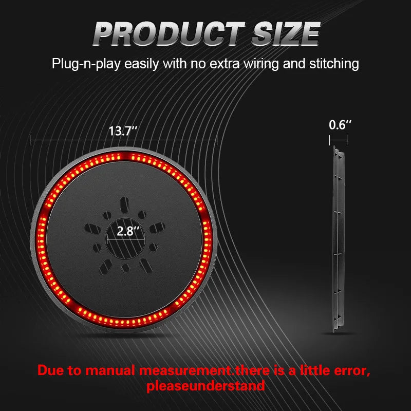 A circular LED brake light with a 13.7 inch diameter and 0.6 inch thickness shown against a dark background.