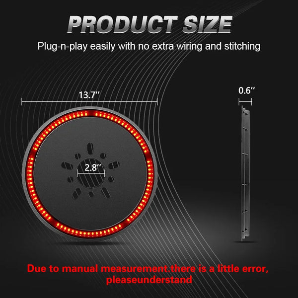 A circular LED brake light with a 13.7 inch diameter and 0.6 inch thickness shown against a dark background.