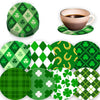 A collection of eight green and white shamrock patterned coasters with wooden bases.