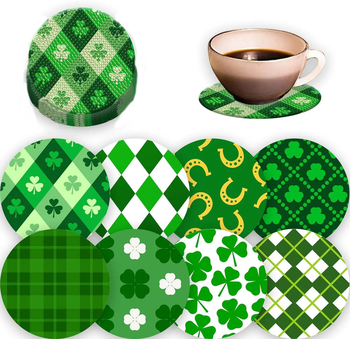A collection of eight green and white shamrock patterned coasters with wooden bases.