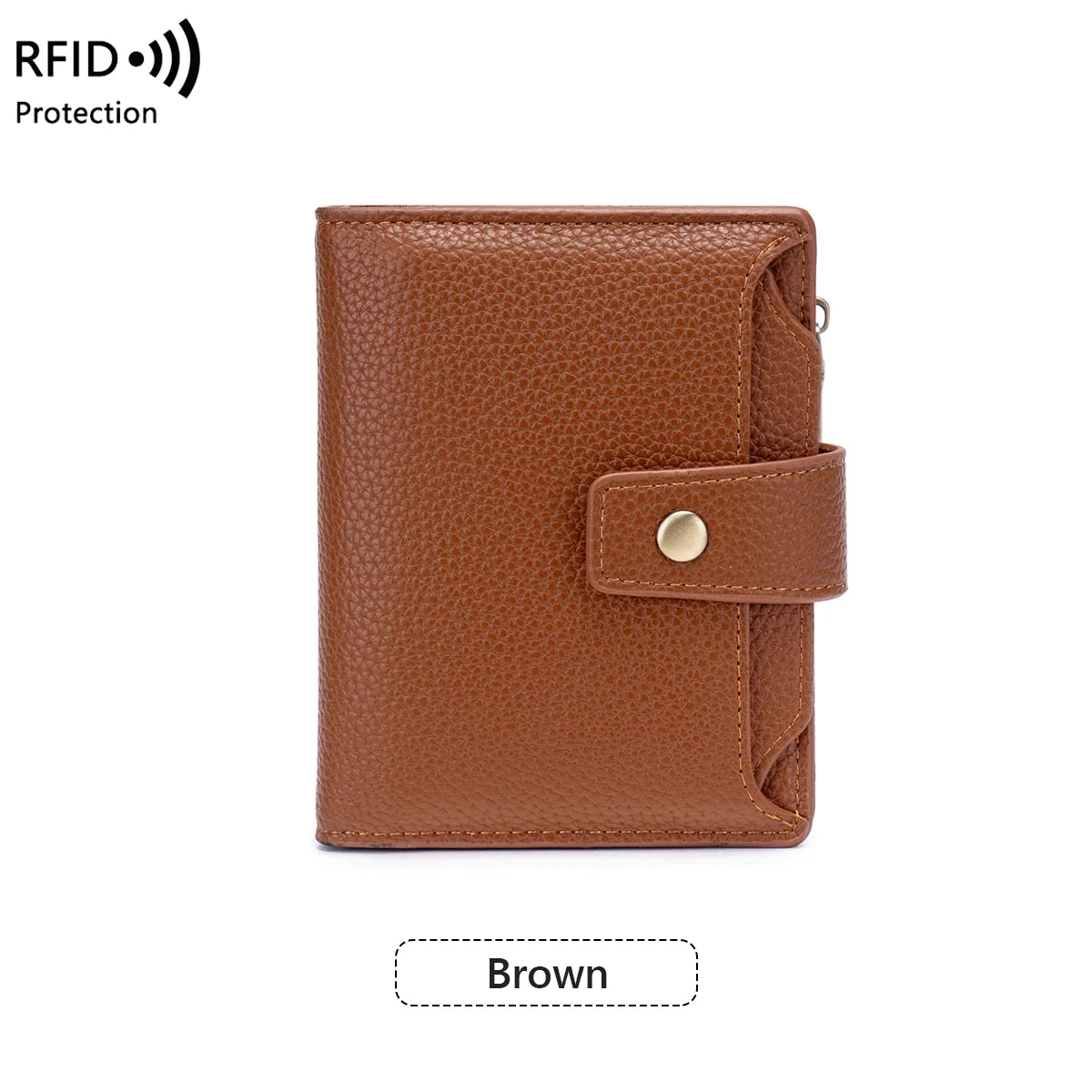 A brown leather bifold wallet with a stitched texture and a brass snap closure.