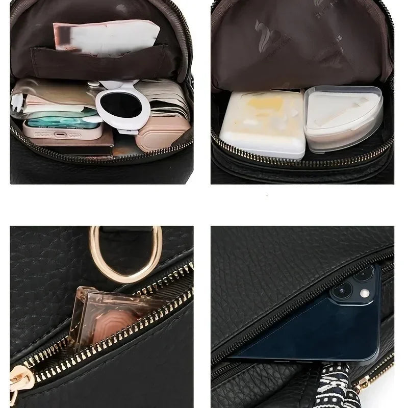 A black PU leather crossbody bag showing various cosmetic products and a smartphone inside.