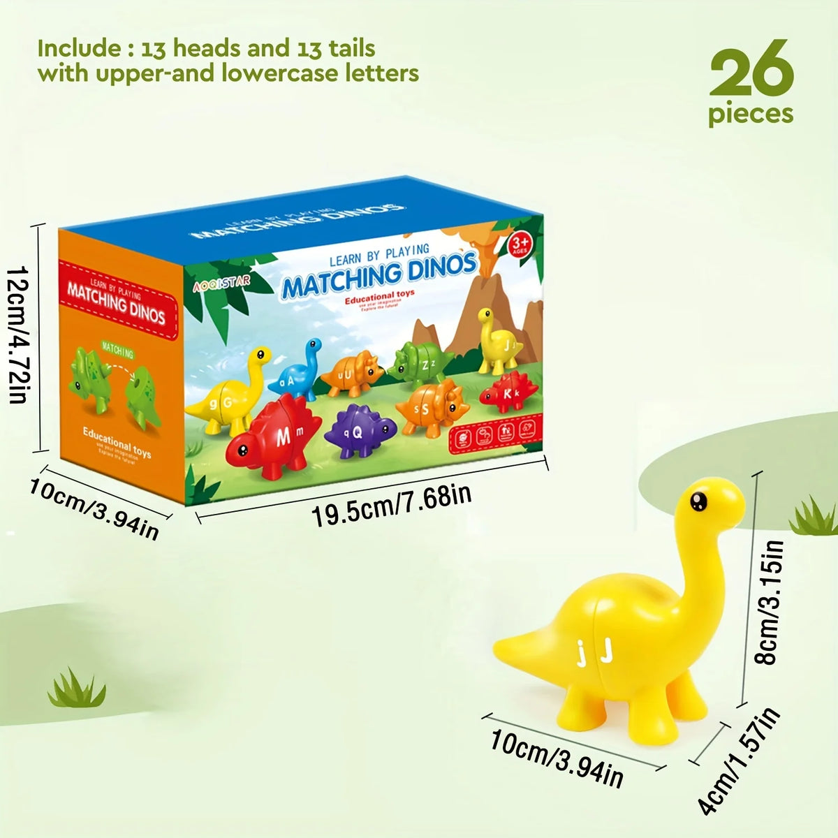 A box of a matching dinosaurs game showing 13 heads and tails with upper and lowercase letters, including a yellow dinosaur f