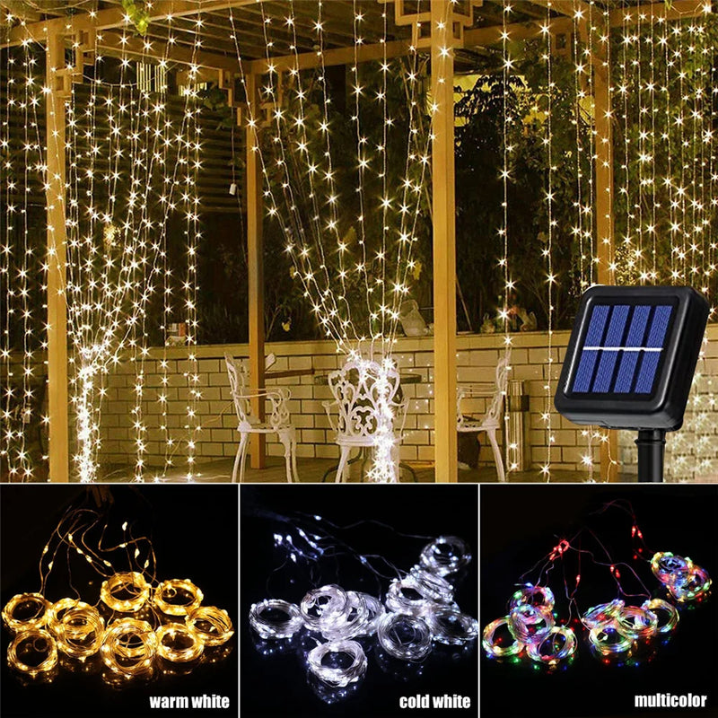Solar-Powered LED Curtain String Lights
