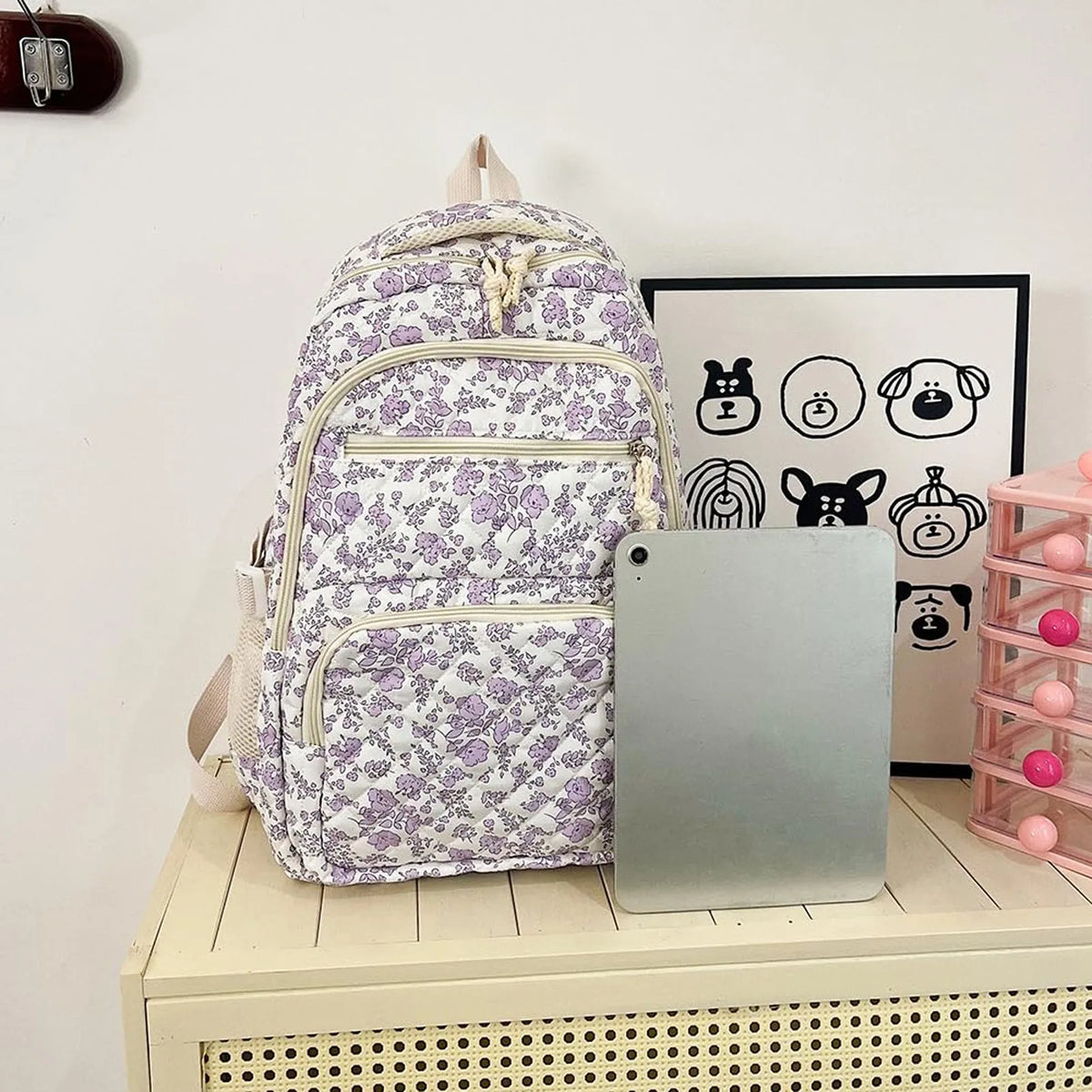 Floral Quilted Backpack Set with Crossbody Bag