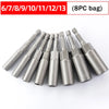A set of stainless steel nut driver bits ranging from 6/7 to 12/13mm, packaged in an 8 piece bag.