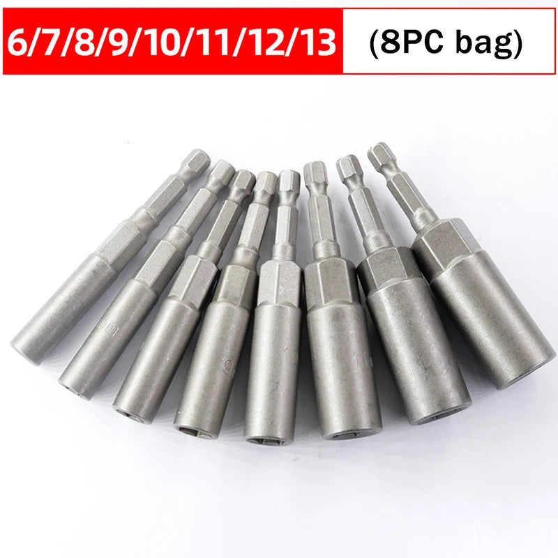 A set of stainless steel nut driver bits ranging from 6/7 to 12/13mm, packaged in an 8 piece bag.