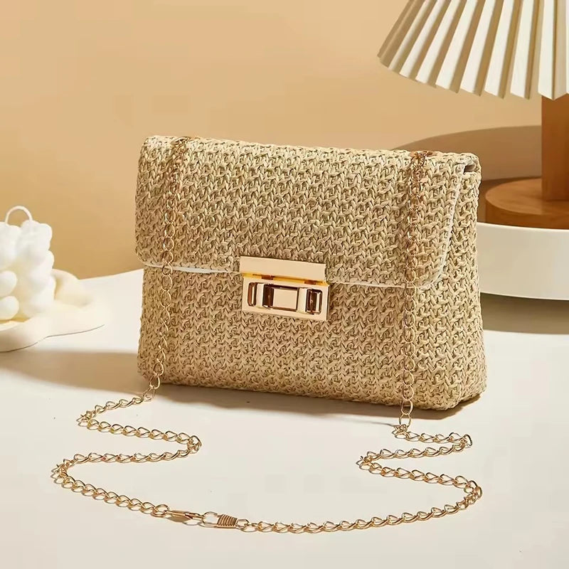 Bohemian Woven Crossbody Bag with Chain Strap