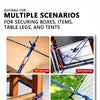 A set of blue nylon rope tensioners used for securing various items like boxes, table legs, and tents.