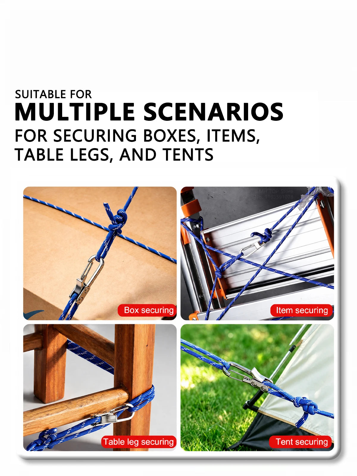 A set of blue nylon rope tensioners used for securing various items like boxes, table legs, and tents.