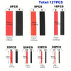 Assortment kit of heat shrink tubing in red and black, packaged in various piece counts.