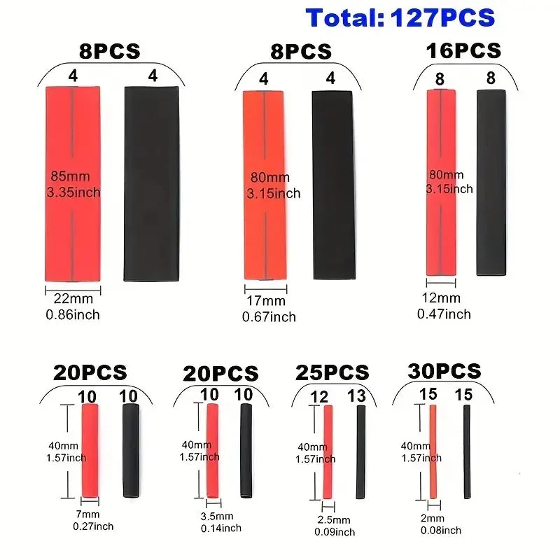 Assortment kit of heat shrink tubing in red and black, packaged in various piece counts.