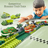A child is playing with a competitive dinosaur track train set featuring various dinosaur vehicles on a green track.