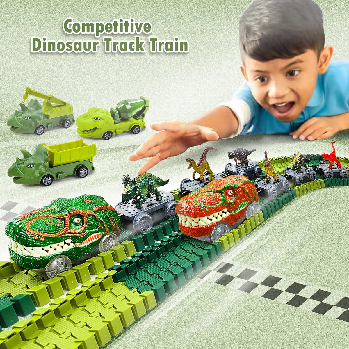 A child is playing with a competitive dinosaur track train set featuring various dinosaur vehicles on a green track.