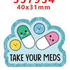 A set of glitter acrylic nurse badge charms measuring 40x31mm with a 'Take Your Meds' message.