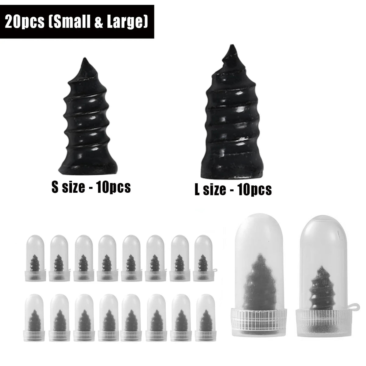Un kit universel de réparation de pneus noir et transparent, en tailles petites et grandes.