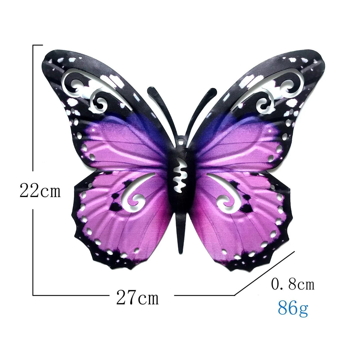 Sculpture murale de papillon en métal violet et noir, avec des ailes de 22 cm et un corps de 27 cm.