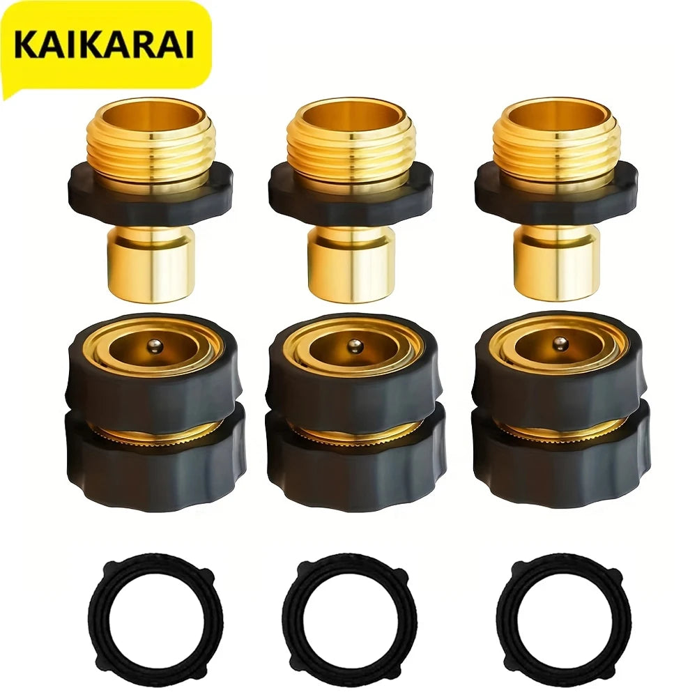 Set of brass quick connectors for 3/4-inch garden hose connections with black fittings