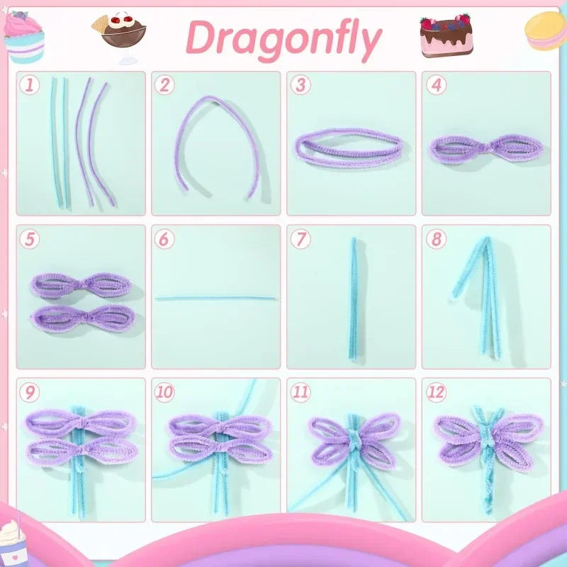 Un ensemble de cure-dents en fil de chenille colorés, en forme de créatures et d'objets pour activités manuelles d'enfants