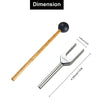 A wooden tuning fork with a black head and a metal activator shown next to a dimension scale.