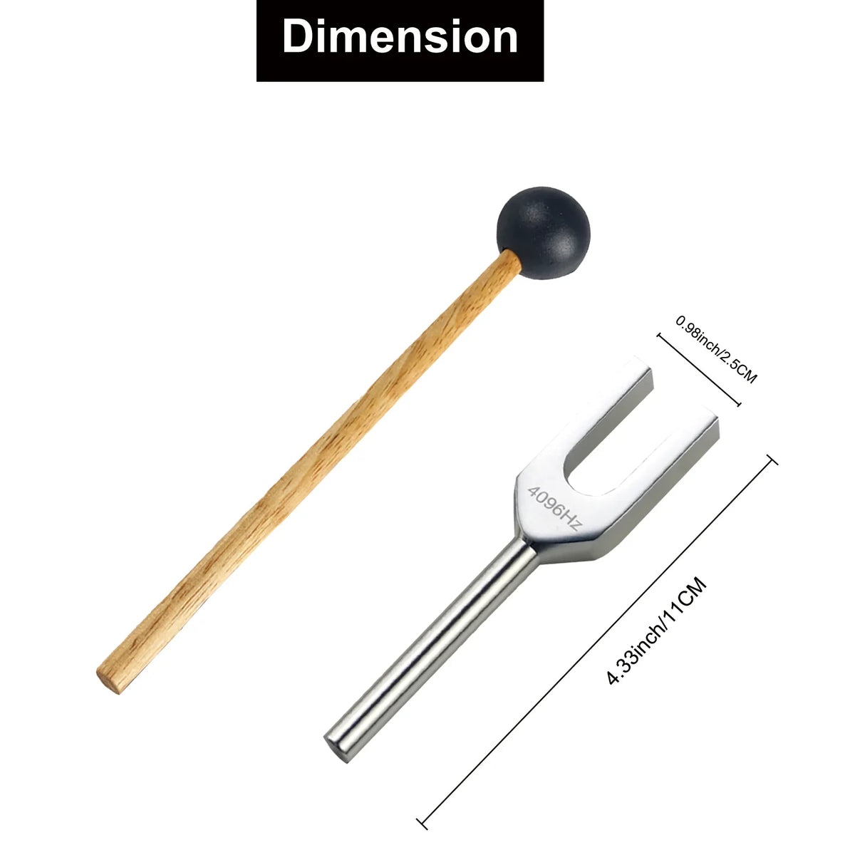 A wooden tuning fork with a black head and a metal activator shown next to a dimension scale.