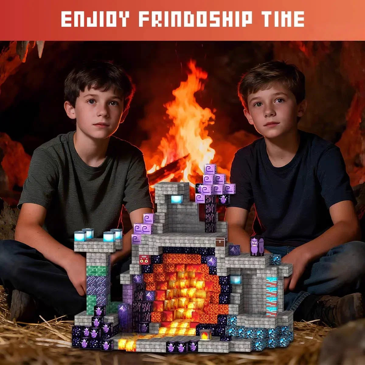 Two boys play with a magnetic building blocks set depicting a forest scene and house structure.