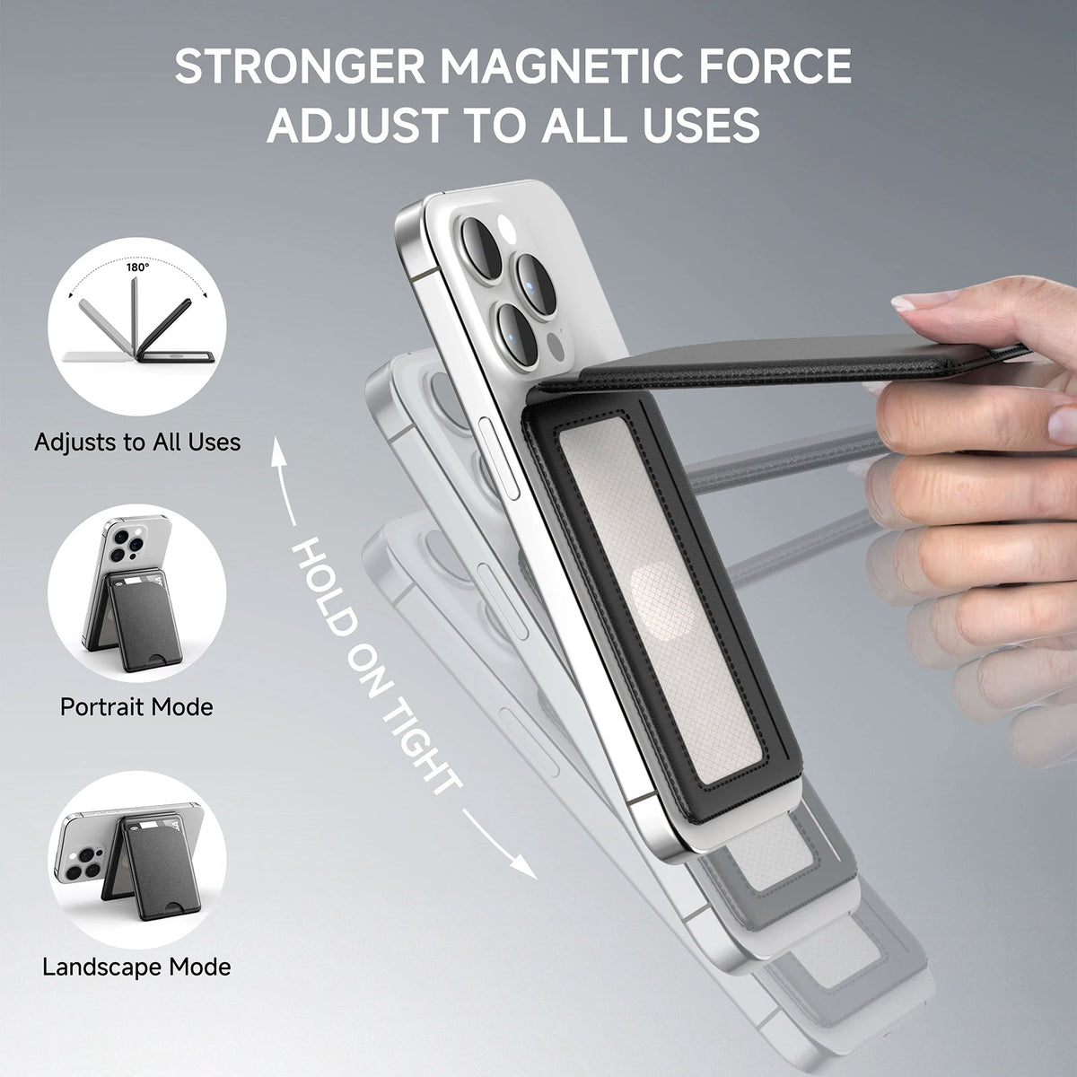 Magnetisches Handy-Ständer für iPhone, der zwischen Porträt- und Querformat wechselt.