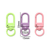 Three colorful alloy lobster clasp hooks in lime green, purple, and pink with dimension markings.