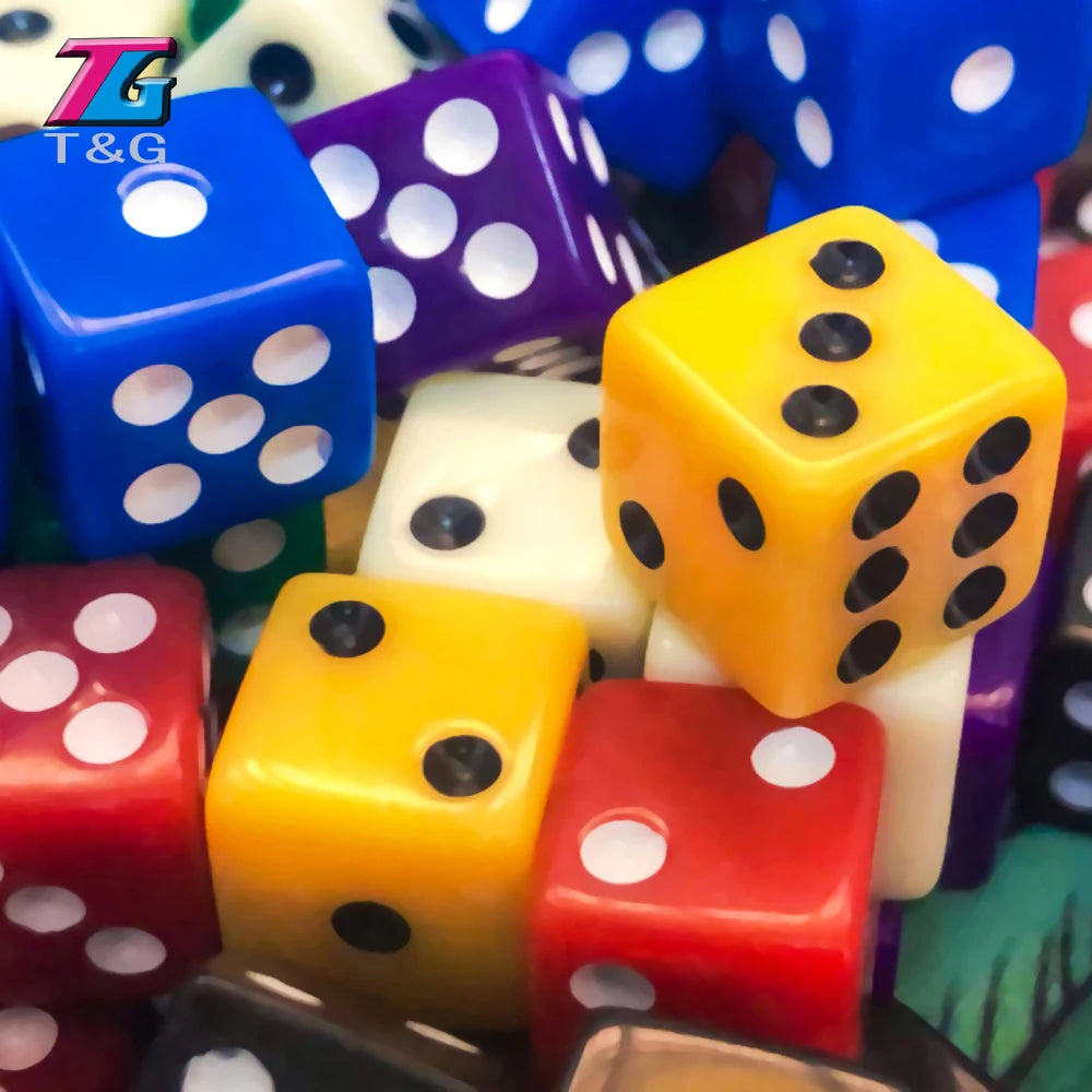 A close-up view of a multi-color set of 10 plastic game dice with various colors including blue, yellow, purple, and red.