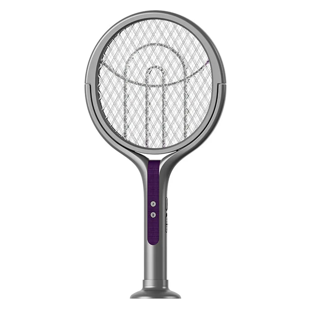A silver rotating head electric fly swatter with a telescopic handle.