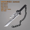 A silver cosplay katana with a black chain, featuring various blade lengths and a handle.