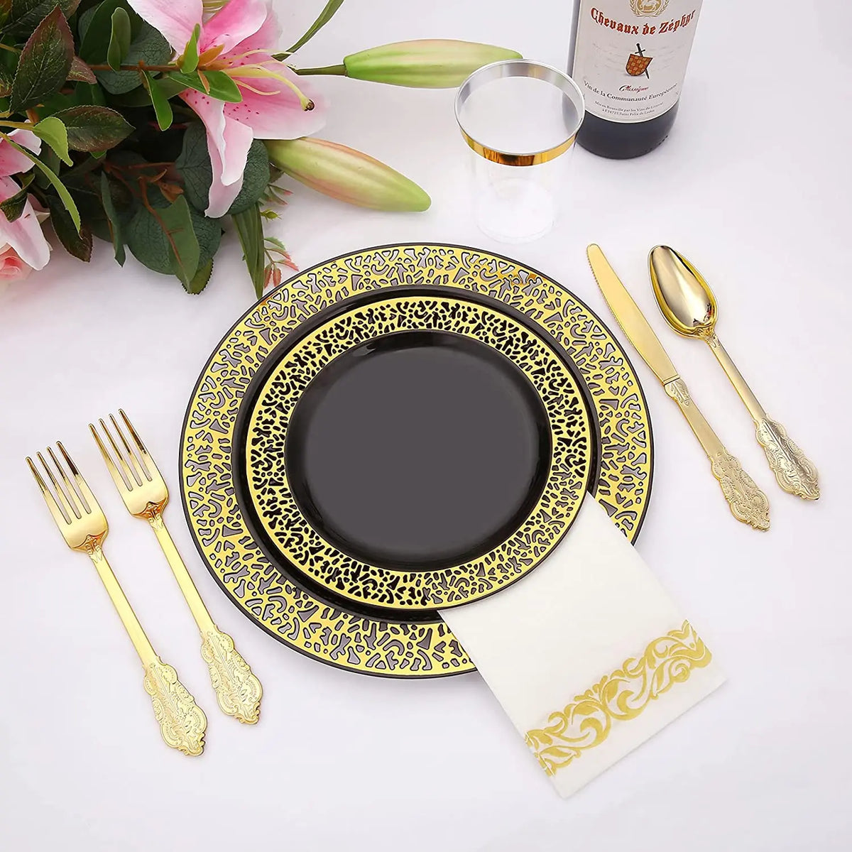 Elegant White Disposable Dinner Plates with Silver Lace Design