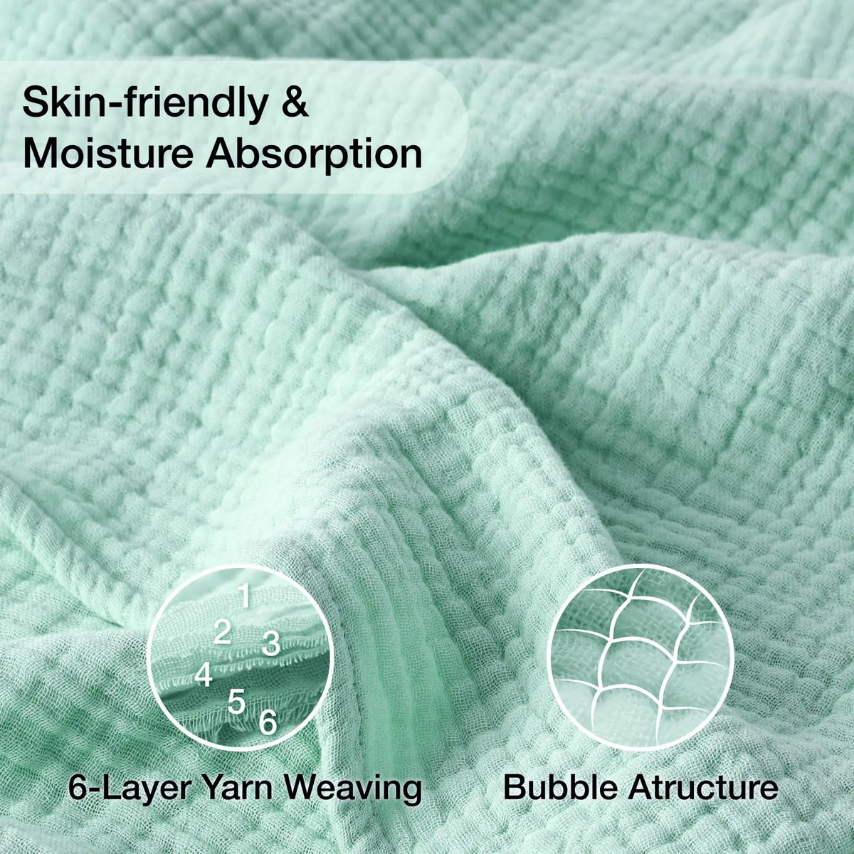 Close-up of a light mint green fabric showing 6-layer yarn weaving and bubble attructure details.