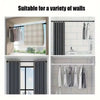 A set of dark gray tension curtain rods and hanging clips shown in various bathroom and window contexts.
