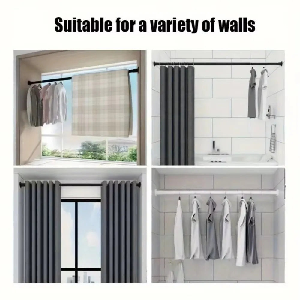 A set of dark gray tension curtain rods and hanging clips shown in various bathroom and window contexts.