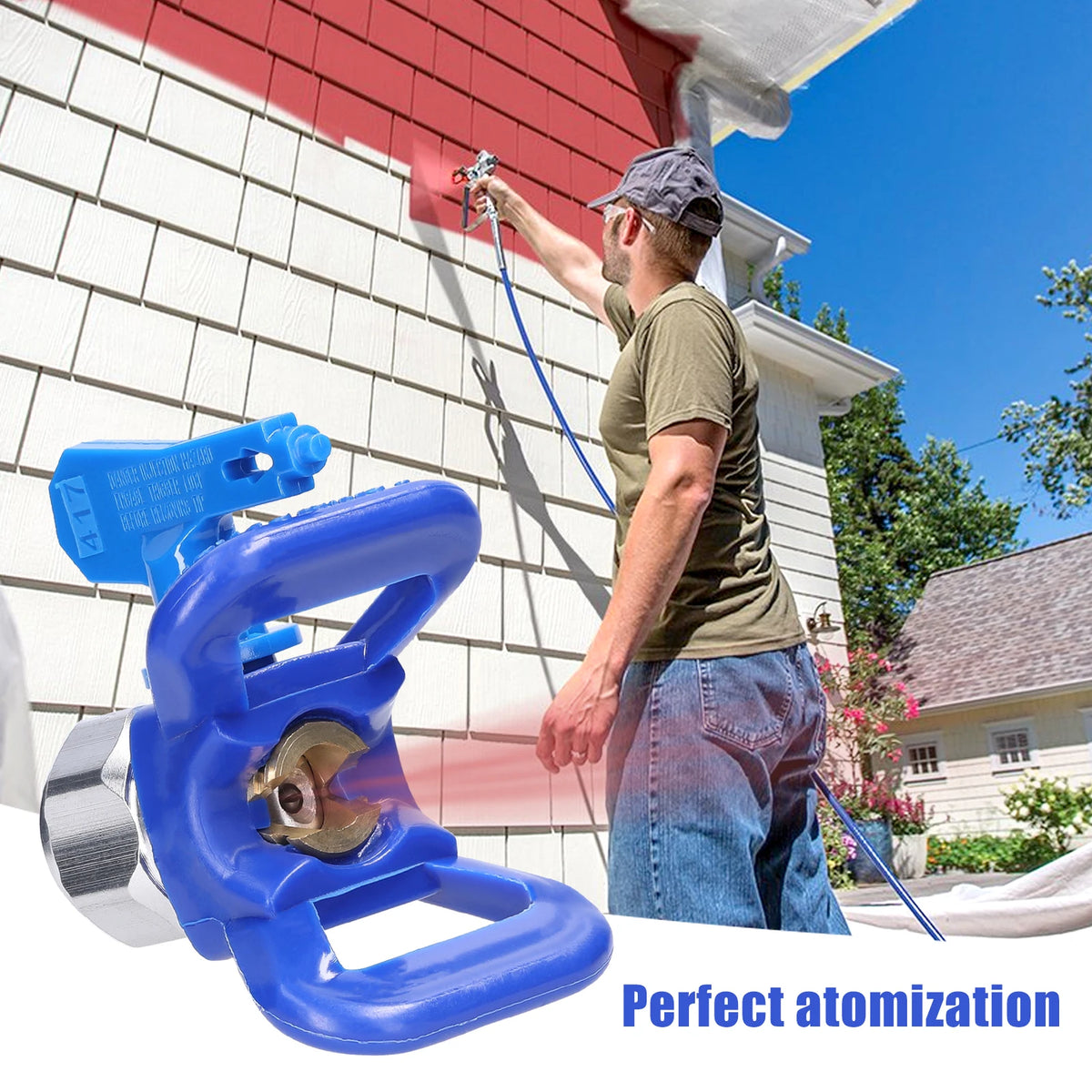 A man is using a blue paint spray nozzle on the side of a building for perfect atomization.