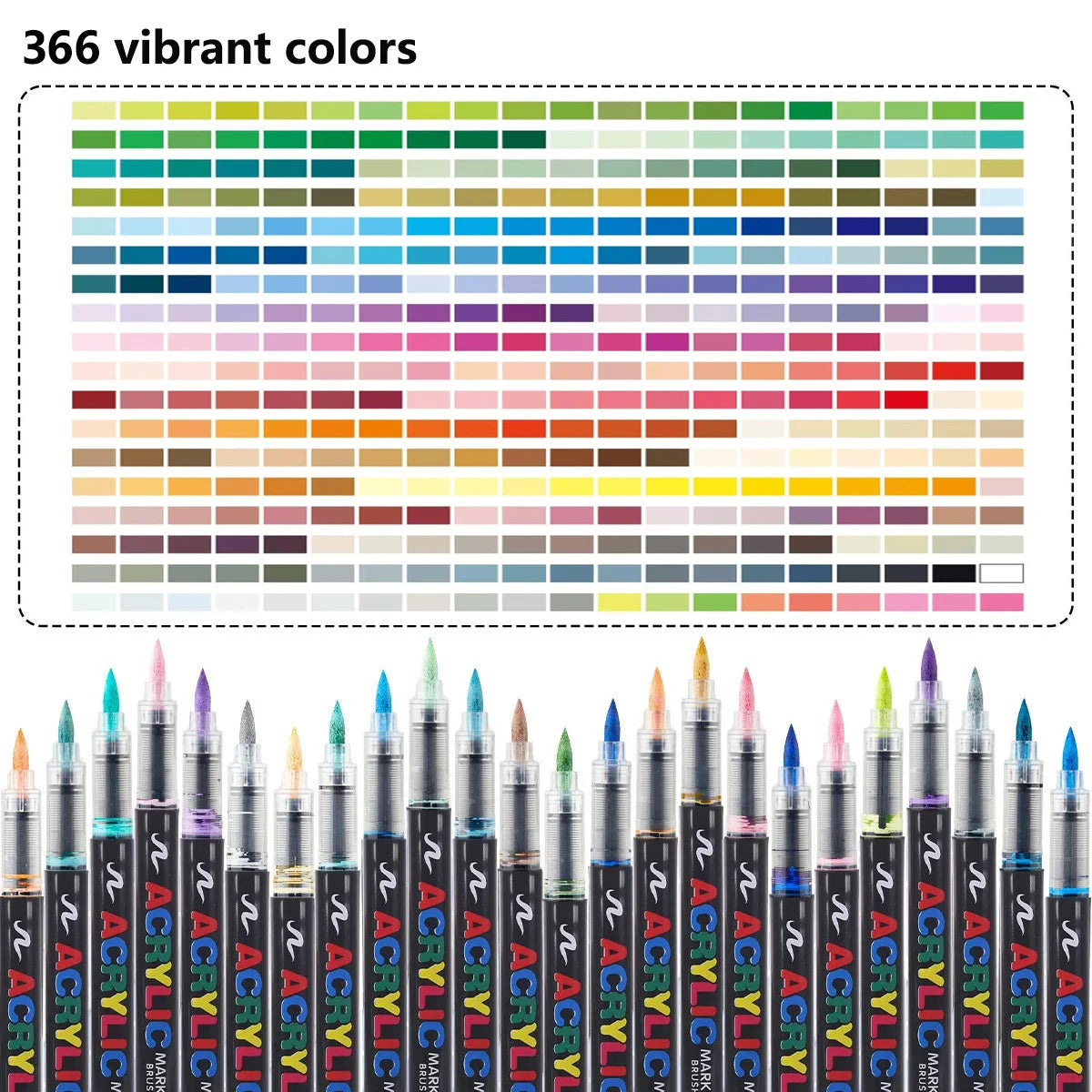A display of 366 vibrant colors in a professional acrylic marker set.