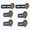 Six black leather no-sew button waist extenders with brass accents.