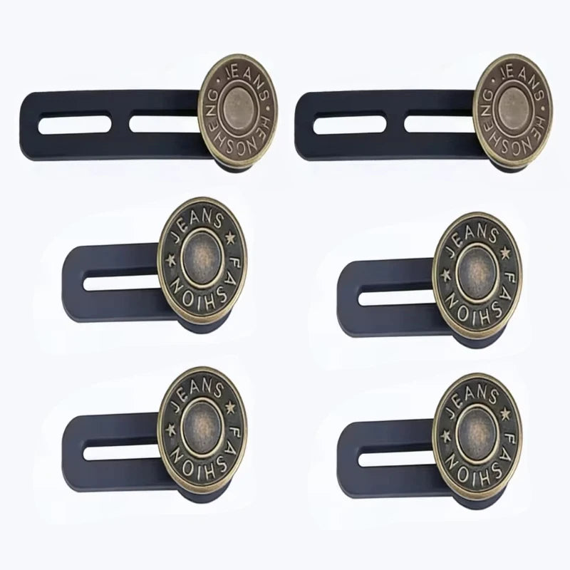 Six black leather no-sew button waist extenders with brass accents.