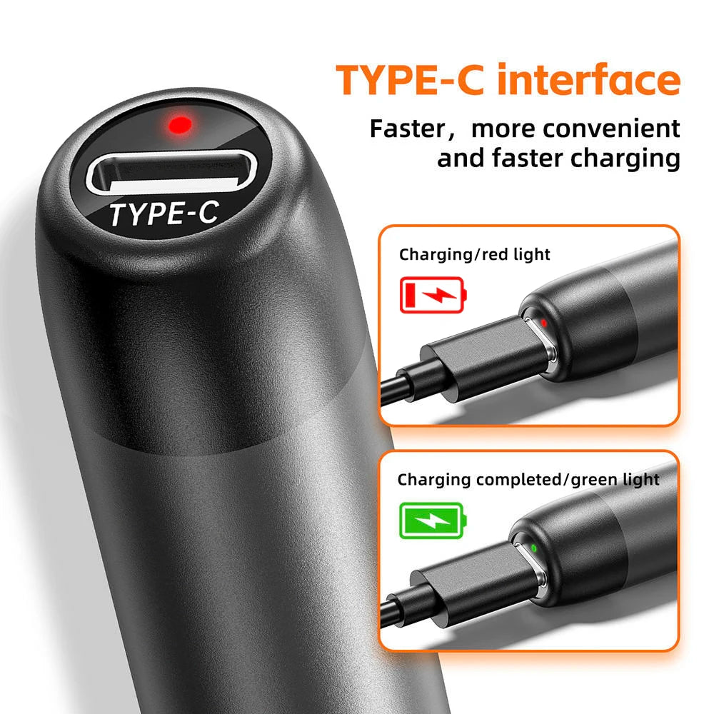 Close-up of a black Type-C interface soldering iron showing red and green LED lights for charging status.
