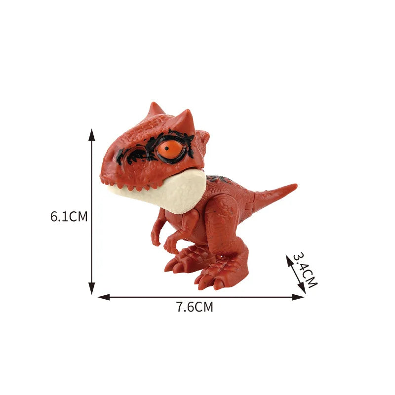 A small, reddish-brown interactive finger biting dinosaur toy featuring a Triceratops or Tyrannosaurus design.