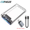 A transparent enclosure for a 2.5-inch hard drive with a USB to Type-C cable.